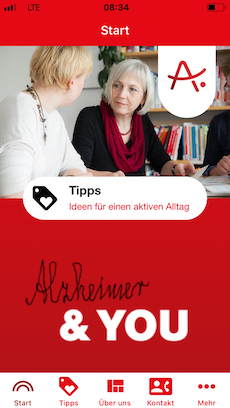 Bild vom Startbildschirm der App „Alzheimer & YOU – den Alltag aktiv gestalten“